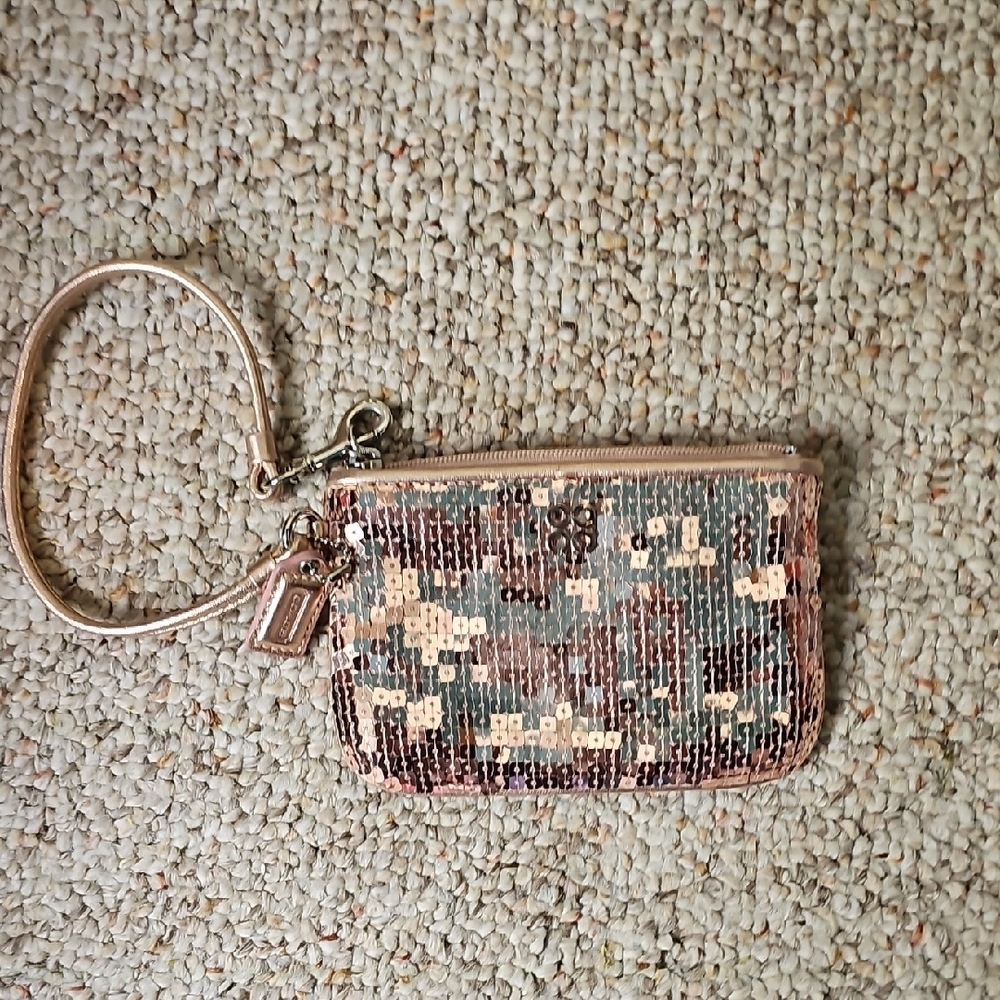 Coach Rose Gold Sequined Clutch with Wristlet Strap
